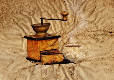 Coffee mill and beans in grunge style clipart