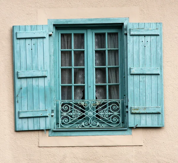 French window with blue shutters — Stock Photo, Image