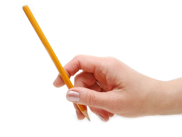 Hand pekar på något med en penna — Stockfoto