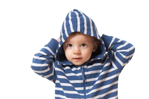 Baby in hood with hands up — Stock Photo, Image