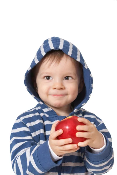 Laughing baby met rode appel — Stockfoto