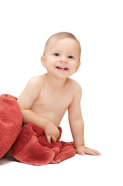 床に座ってタオルで赤ちゃん — ストック写真
