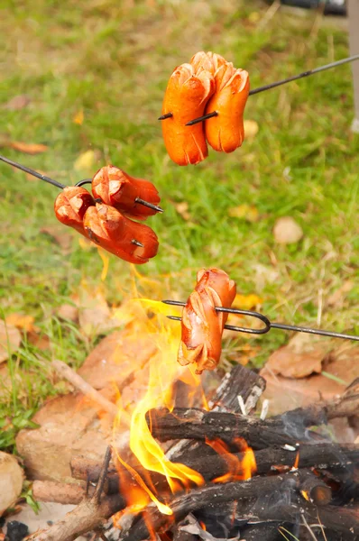 Wurst über dem Lagerfeuer gekocht — Stockfoto