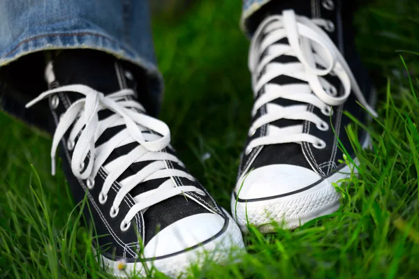stock image Pair of sneakers in green grass