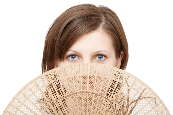 stock image Blue eyes woman with fan