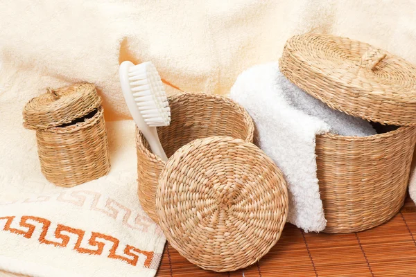 Stock image Woven baskets with bath accessories