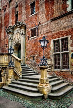 Old town hall stairs and lanterns clipart