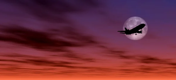 Airplane in the night sky — Stock Photo, Image
