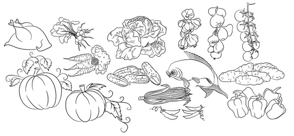 蔬菜、 鸡和鱼的素描 — 图库矢量图片