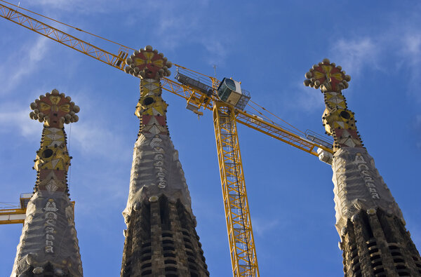 Towers of world famous Sagrada Familia in winter 2007, Barcelona, Catalonia, Spain