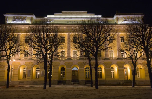 stock image Facade of historic building at night