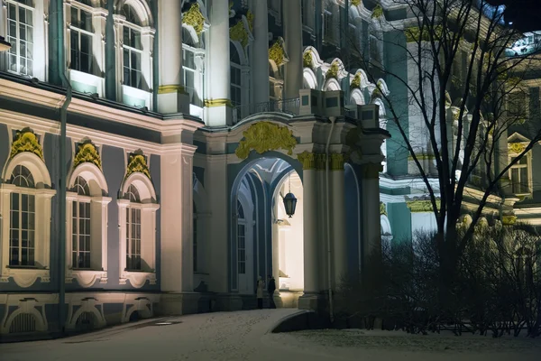 Zimní palác fasáda v zimní noci — Stock fotografie