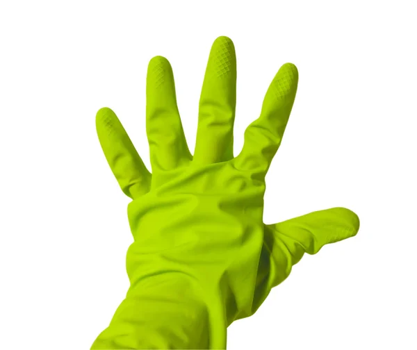 Пять пальцев в зелёной виниловой перчатке — стоковое фото