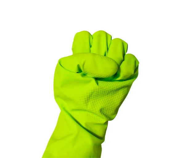 Vuist teken in groene vinyl handschoen — Stockfoto