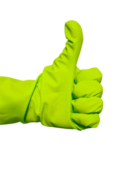 Palec nahoru znamení v zelených vinylové rukavice — Stock fotografie