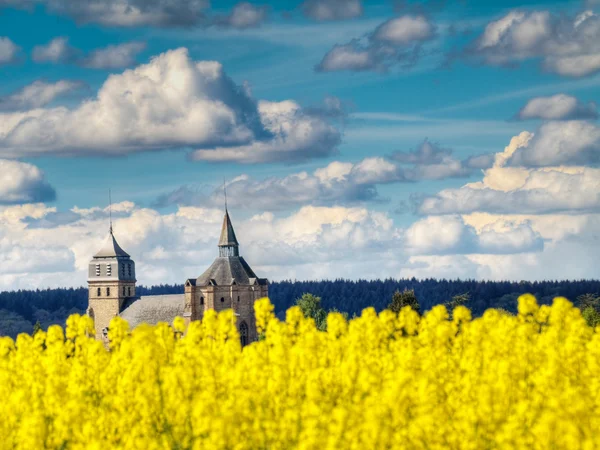 stock image Colza field and church