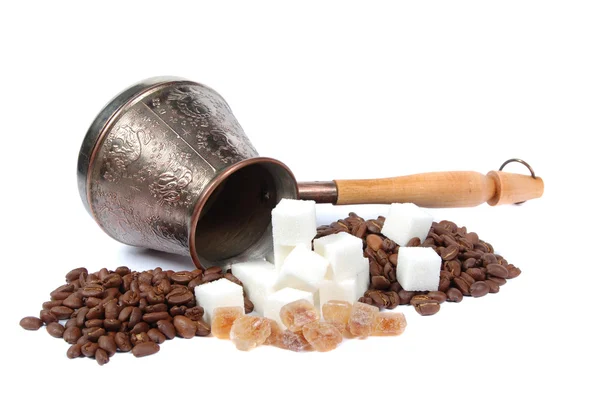 Coffee pot, Sugar and coffee grains — Stock Photo, Image