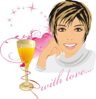 Beautiful woman with glass and hearts clipart