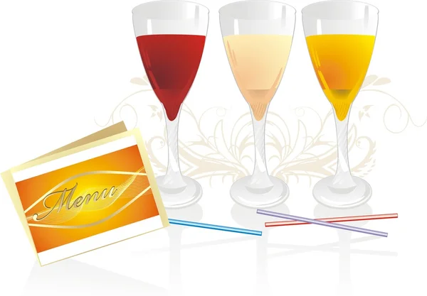Trois verres avec jus et menu — Image vectorielle