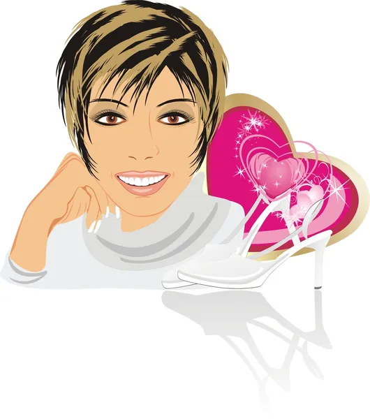Beautiful woman with shoes and hearts — Stock Vector