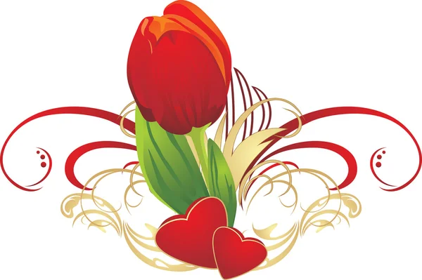 Tulipán, dvě srdce a gotický ornament — Stockový vektor