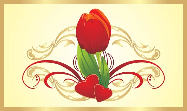 Tulipano, due cuori e ornamento gotico — Vettoriale Stock