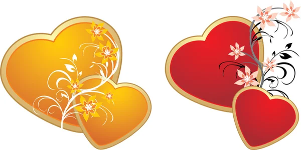 Red and gold hearts with floral ornament — Stock Vector
