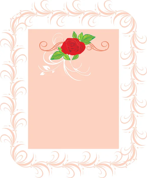 Red rose with floral ornament. Pink fram — Stock Vector