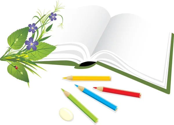 Libro, lápices y ramo de flores — Vector de stock