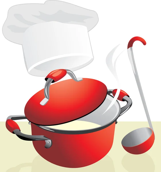 Poêle rouge avec du porridge. Heure des repas — Image vectorielle