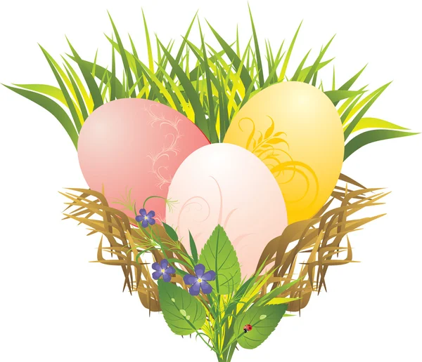 复活节彩蛋、 草和春天的花朵 — 图库矢量图片