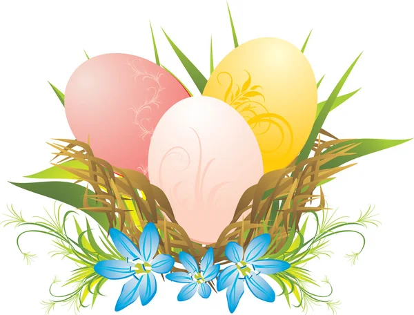 Ovos de Páscoa, grama e flores de primavera — Vetor de Stock