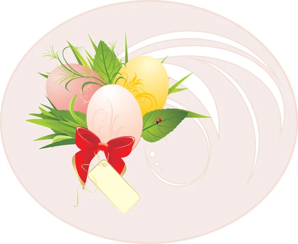 Easter eggs, foliage and bow with card — Stock Vector
