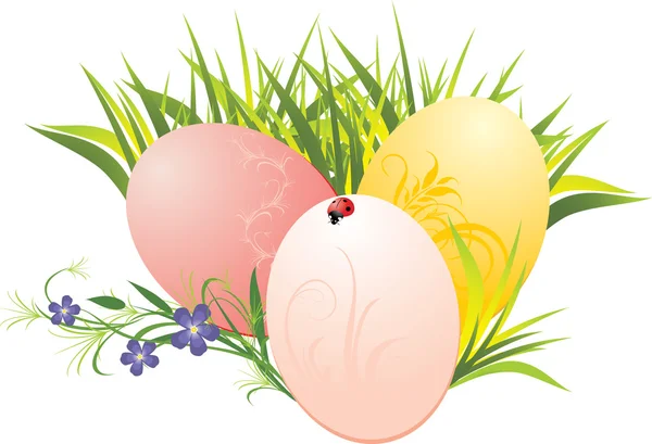 Hierba, huevos de Pascua y flores de primavera — Vector de stock