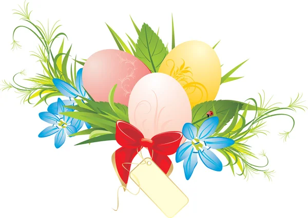复活节彩蛋、 春天的花朵和红色蝴蝶结 — 图库矢量图片