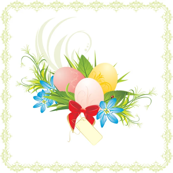 复活节彩蛋、 春天的花朵和红色蝴蝶结 — 图库矢量图片