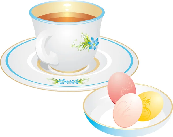 Copo com chá e ovos de Páscoa — Vetor de Stock