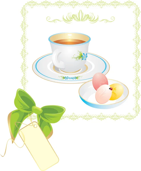 Чашка с чаем и пасхальные яйца в рамке — стоковый вектор
