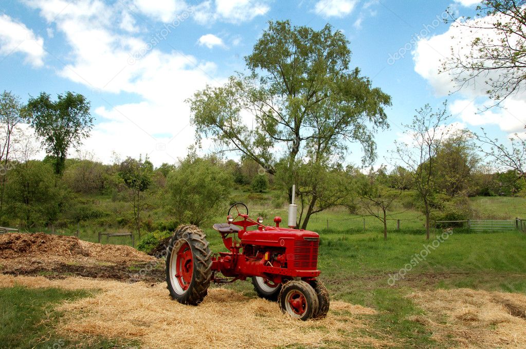 Old Red Tractor on Farm