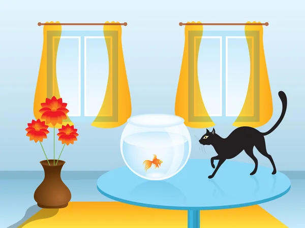 Kara kedi avcılık goldfish — Stok Vektör