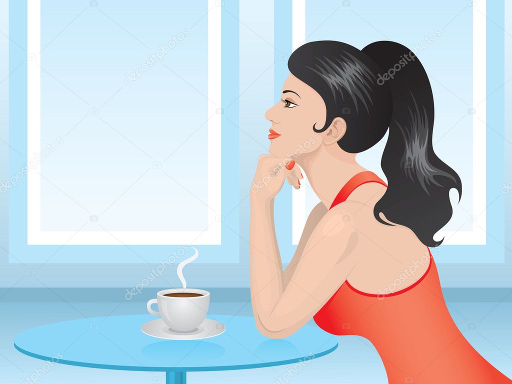 Lady in red drinking coffee
