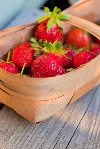 Red strawberries in twiggen basket — Stock Photo, Image