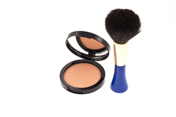 Face powder with mirror and a brush — Stock Photo, Image