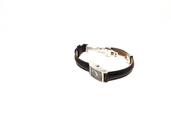 Ženské stříbrné hodinky s černým pásem — Stock fotografie