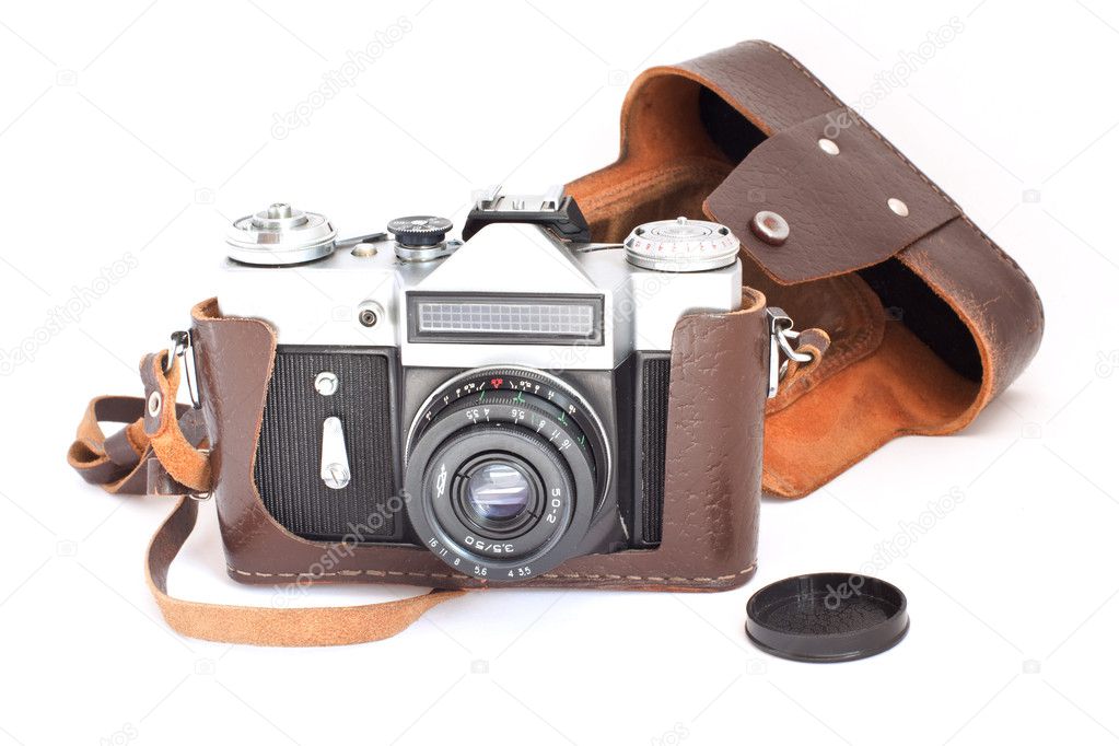 Retro camera in a brown leather case