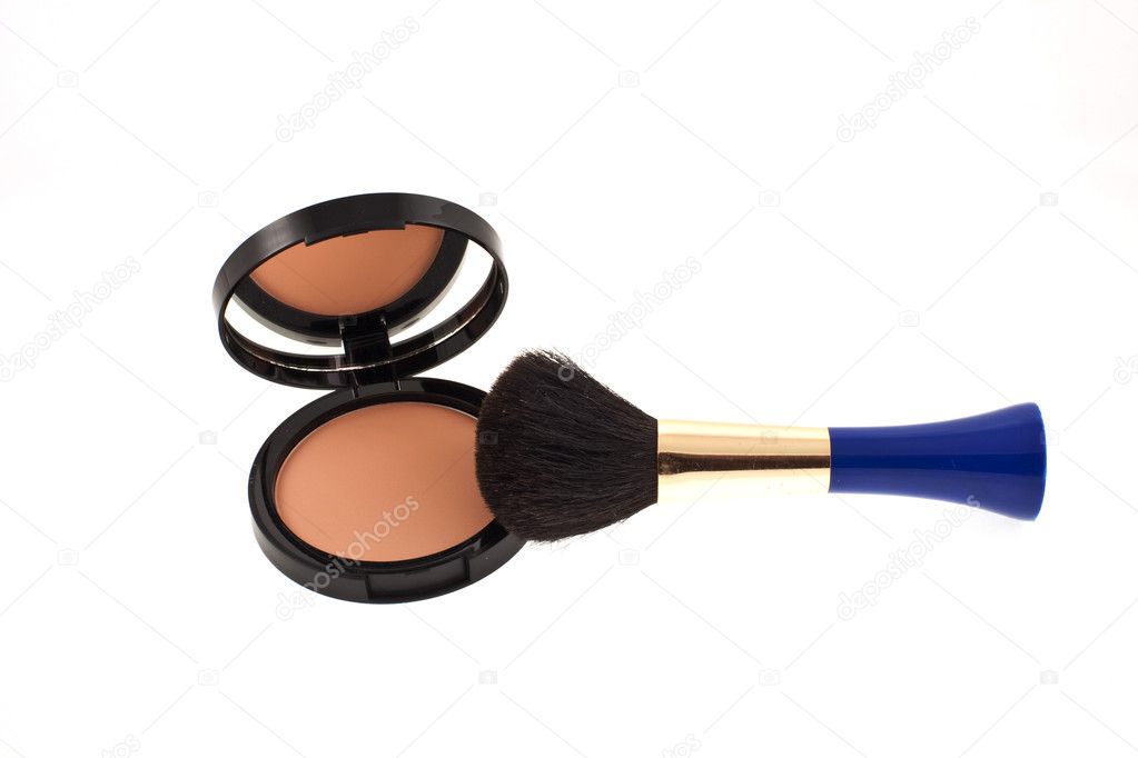 Open face powder with mirror and a brush