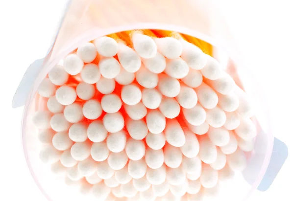 Cotton buds in transparent plastic box — Stock Photo, Image