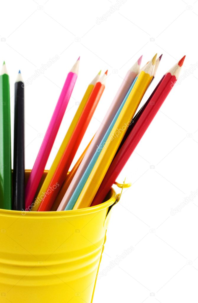 Crayons in yellow bucket