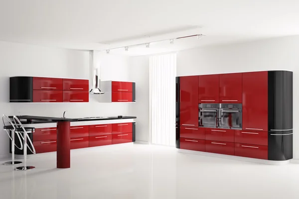 Interior da moderna cozinha preta vermelha 3d — Fotografia de Stock
