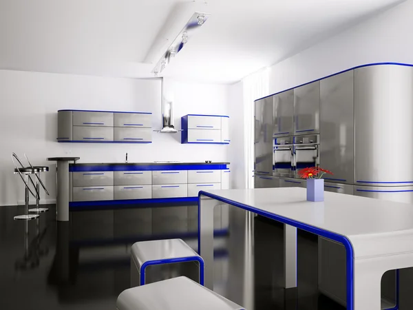 Wnętrze szary niebieski kuchni 3d — Zdjęcie stockowe